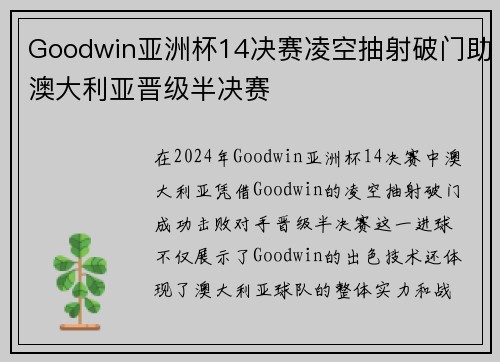 Goodwin亚洲杯14决赛凌空抽射破门助澳大利亚晋级半决赛