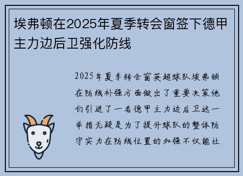 埃弗顿在2025年夏季转会窗签下德甲主力边后卫强化防线