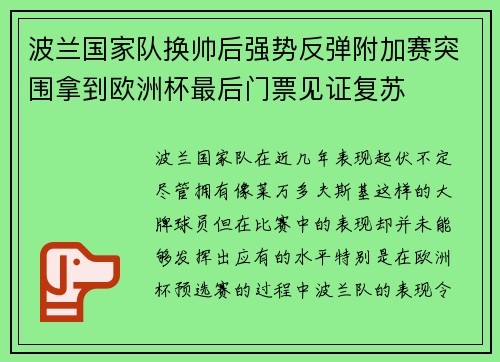 波兰国家队换帅后强势反弹附加赛突围拿到欧洲杯最后门票见证复苏