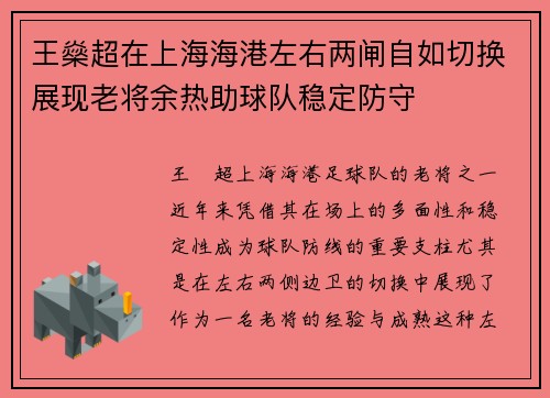 王燊超在上海海港左右两闸自如切换展现老将余热助球队稳定防守